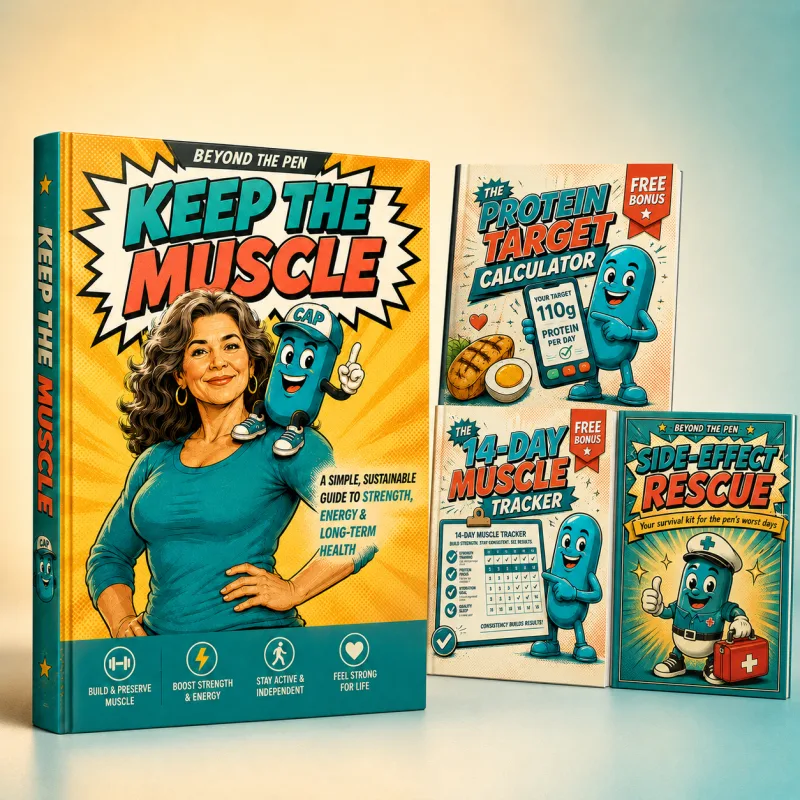 Keep the Muscle guide plus all three free bonuses — the Protein Target Calculator, the 14-Day Tracker, and Side-Effect Rescue
