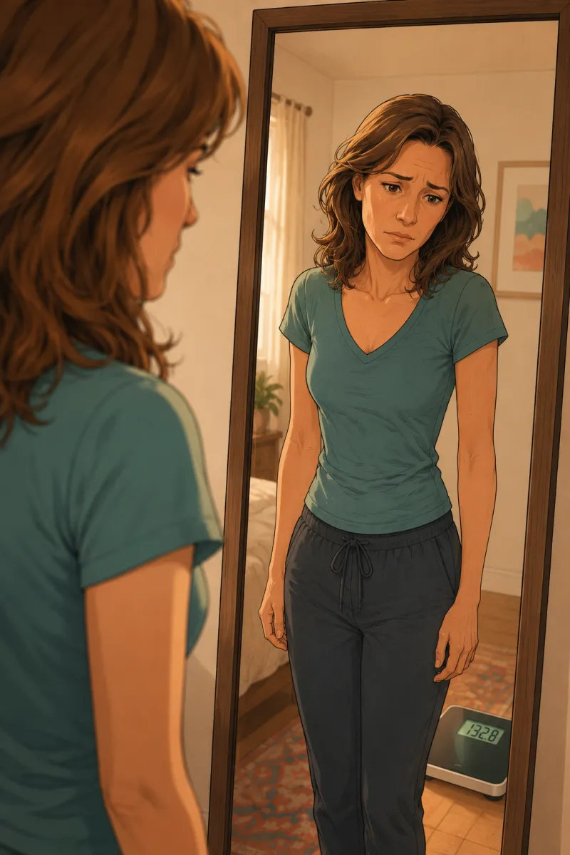 A woman losing weight on the pen looks at her reflection — smaller on the scale, but softer and more tired in the mirror